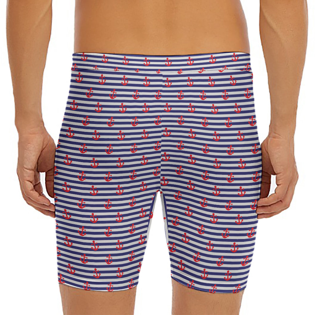 Blue Striped Nautical Anchor Print Men's Long Boxer Briefs