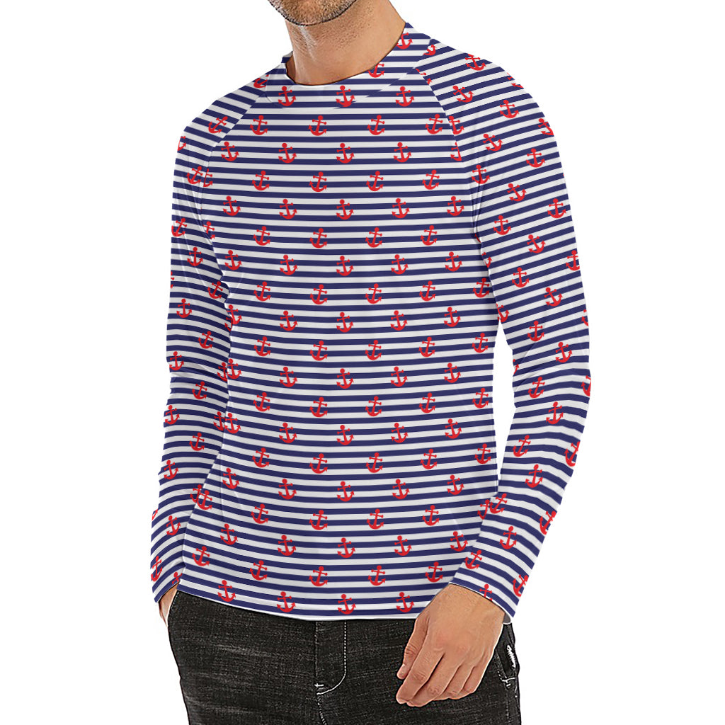 Blue Striped Nautical Anchor Print Men's Long Sleeve Rash Guard