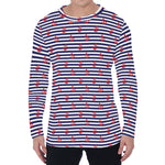 Blue Striped Nautical Anchor Print Men's Long Sleeve T-Shirt