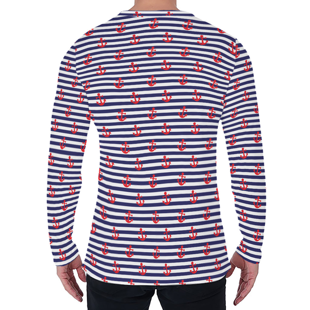 Blue Striped Nautical Anchor Print Men's Long Sleeve T-Shirt