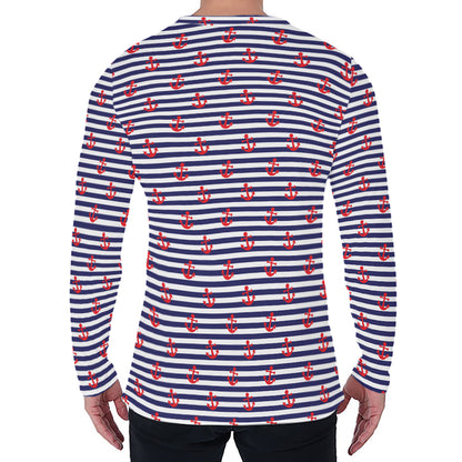 Blue Striped Nautical Anchor Print Men's Long Sleeve T-Shirt