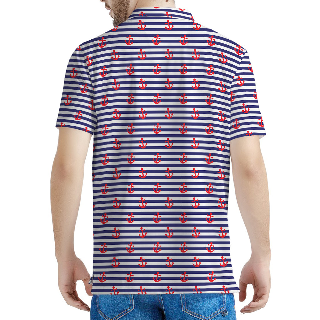Blue Striped Nautical Anchor Print Men's Polo Shirt