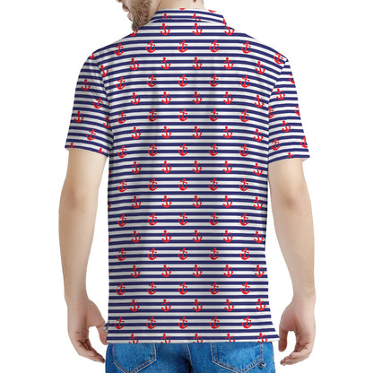 Blue Striped Nautical Anchor Print Men's Polo Shirt