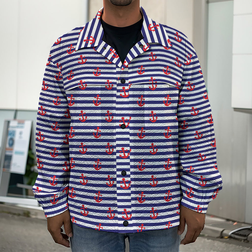 Blue Striped Nautical Anchor Print Men's Shirt Jacket
