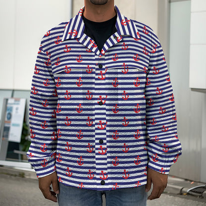 Blue Striped Nautical Anchor Print Men's Shirt Jacket