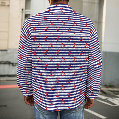 Blue Striped Nautical Anchor Print Men's Shirt Jacket