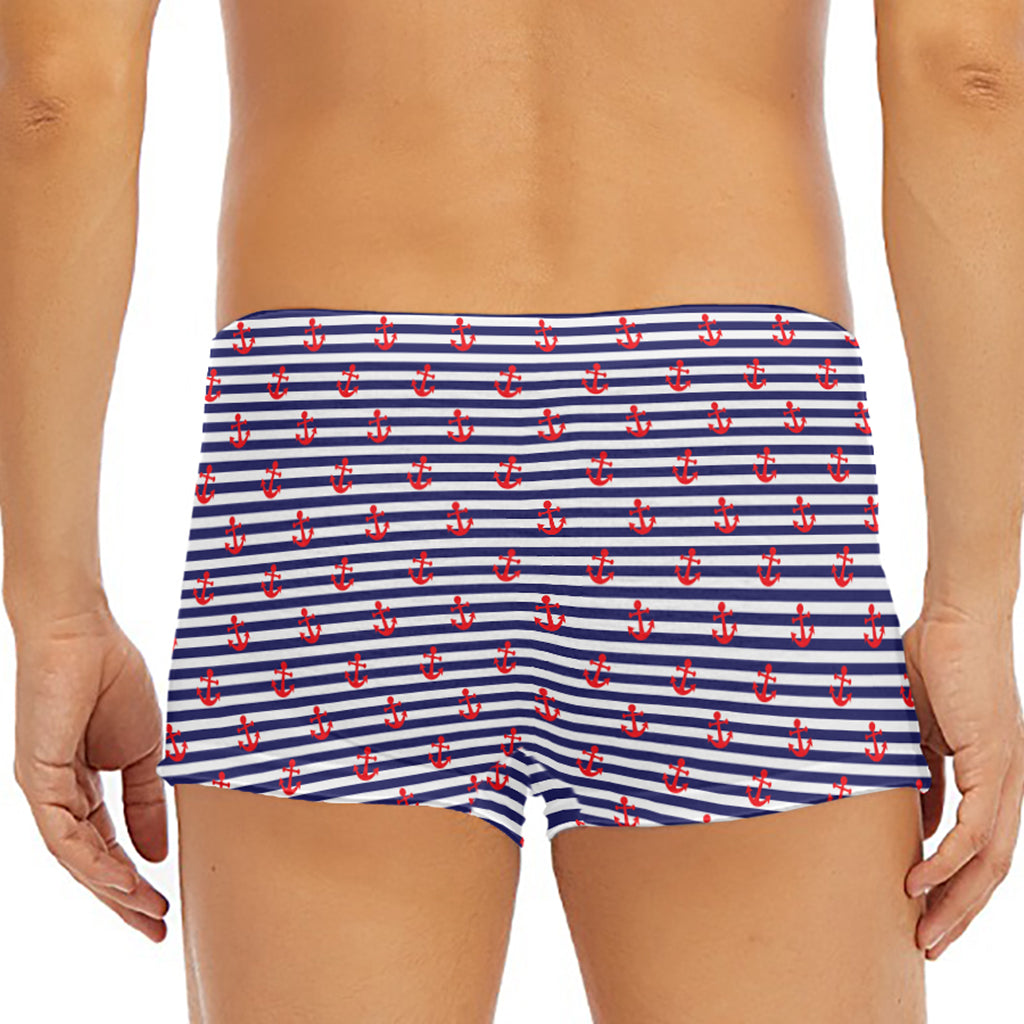 Blue Striped Nautical Anchor Print Men's Short Boxer Briefs