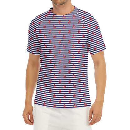 Blue Striped Nautical Anchor Print Men's Short Sleeve Rash Guard