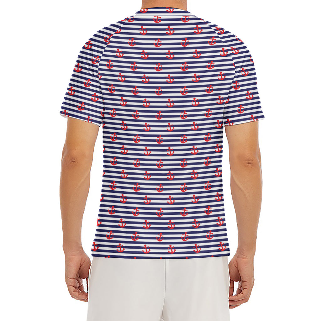Blue Striped Nautical Anchor Print Men's Short Sleeve Rash Guard