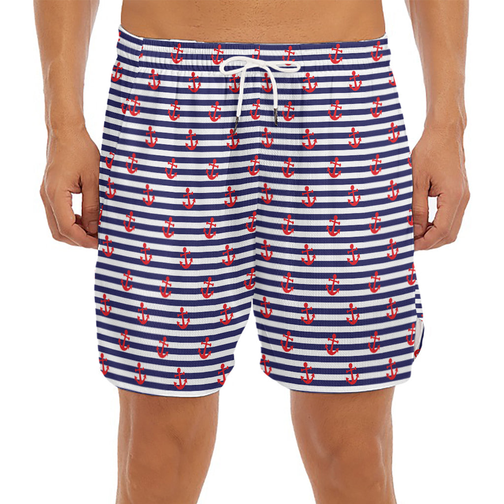 Blue Striped Nautical Anchor Print Men's Split Running Shorts