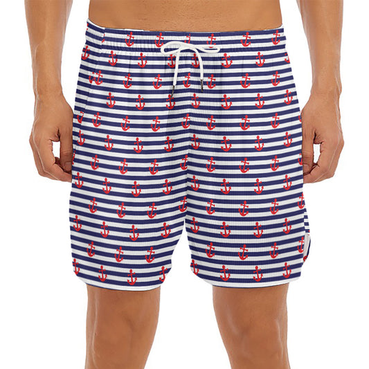Blue Striped Nautical Anchor Print Men's Split Running Shorts