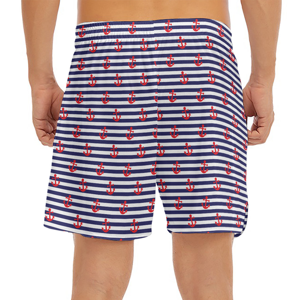 Blue Striped Nautical Anchor Print Men's Split Running Shorts