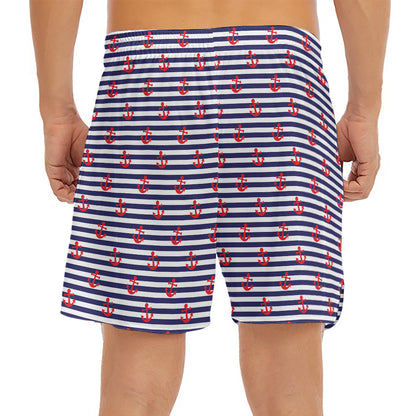 Blue Striped Nautical Anchor Print Men's Split Running Shorts