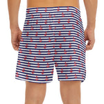 Blue Striped Nautical Anchor Print Men's Split Running Shorts