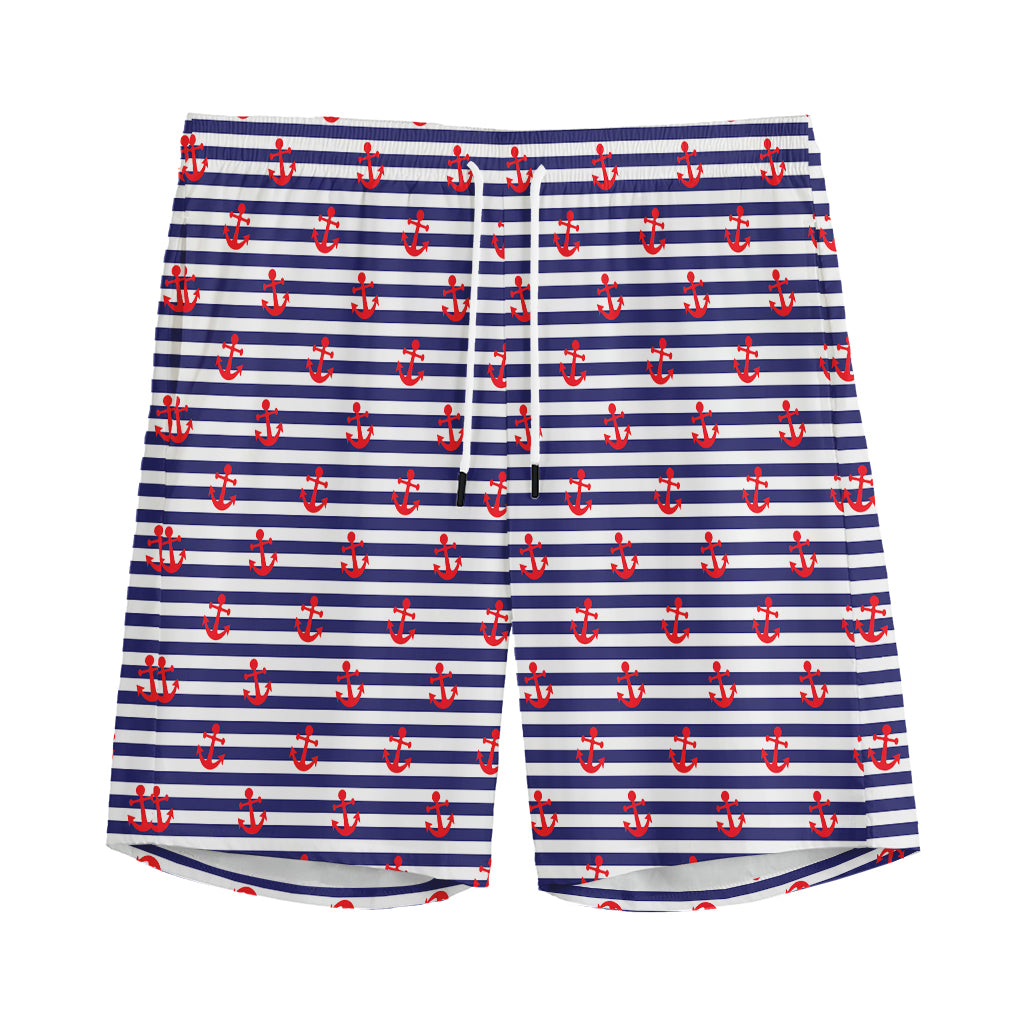 Blue Striped Nautical Anchor Print Men's Sports Shorts