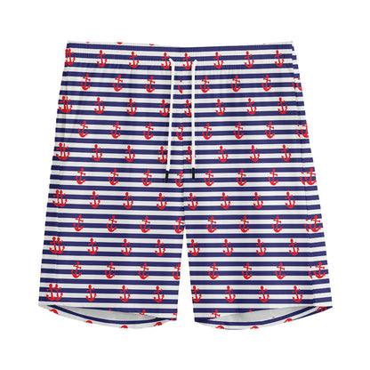 Blue Striped Nautical Anchor Print Men's Sports Shorts