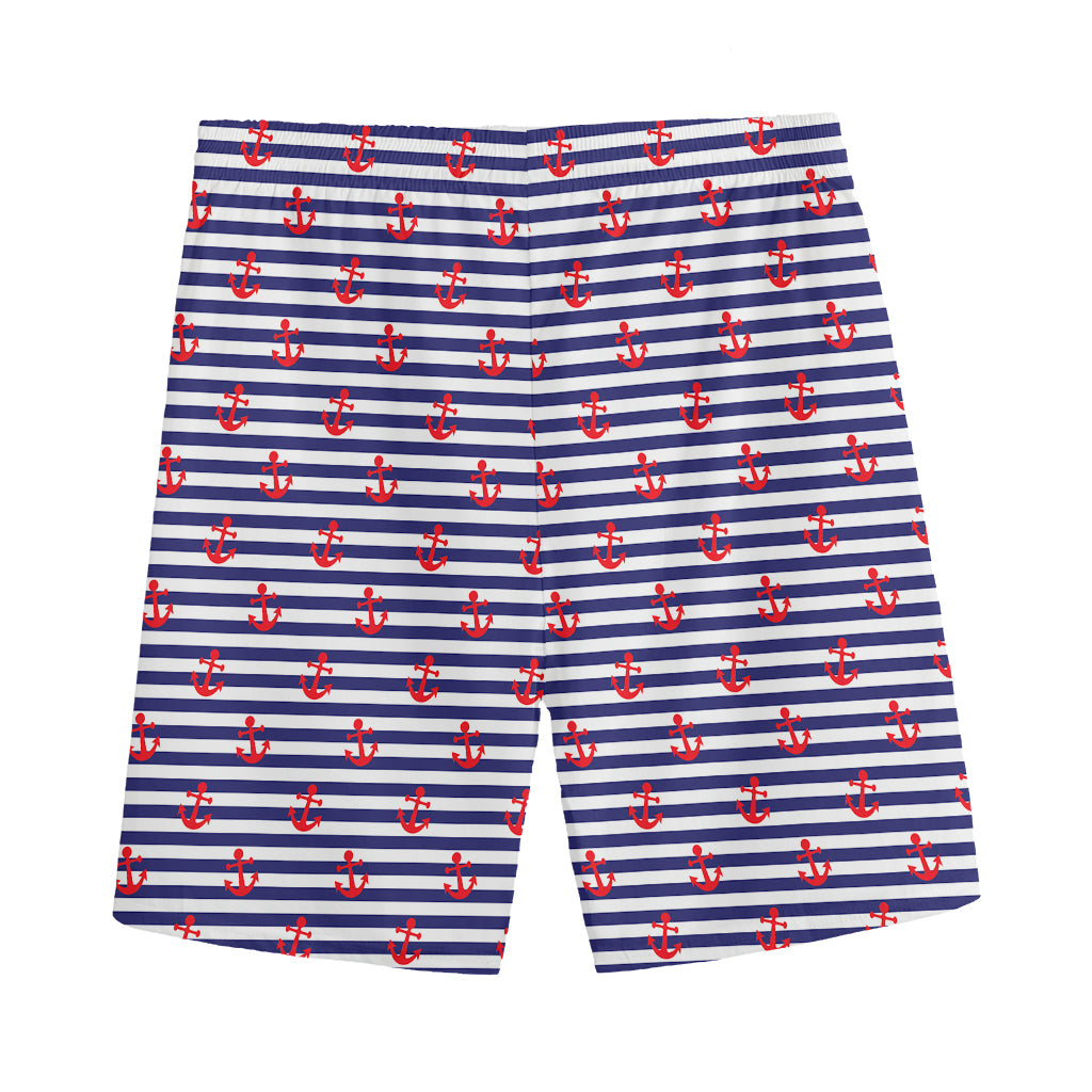 Blue Striped Nautical Anchor Print Men's Sports Shorts