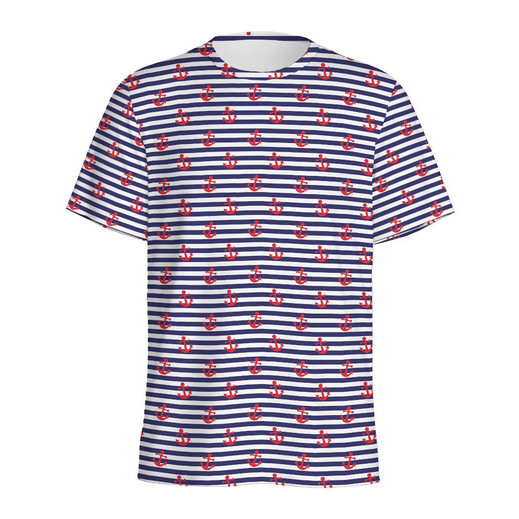 Blue Striped Nautical Anchor Print Men's Sports T-Shirt