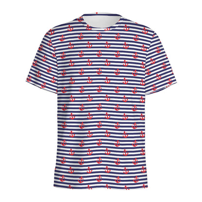 Blue Striped Nautical Anchor Print Men's Sports T-Shirt