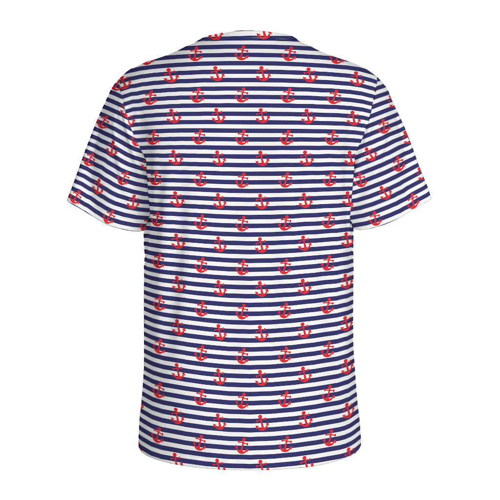 Blue Striped Nautical Anchor Print Men's Sports T-Shirt