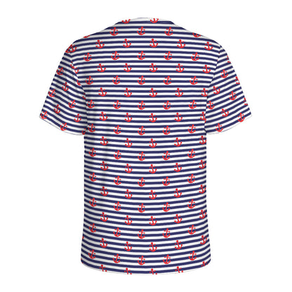Blue Striped Nautical Anchor Print Men's Sports T-Shirt