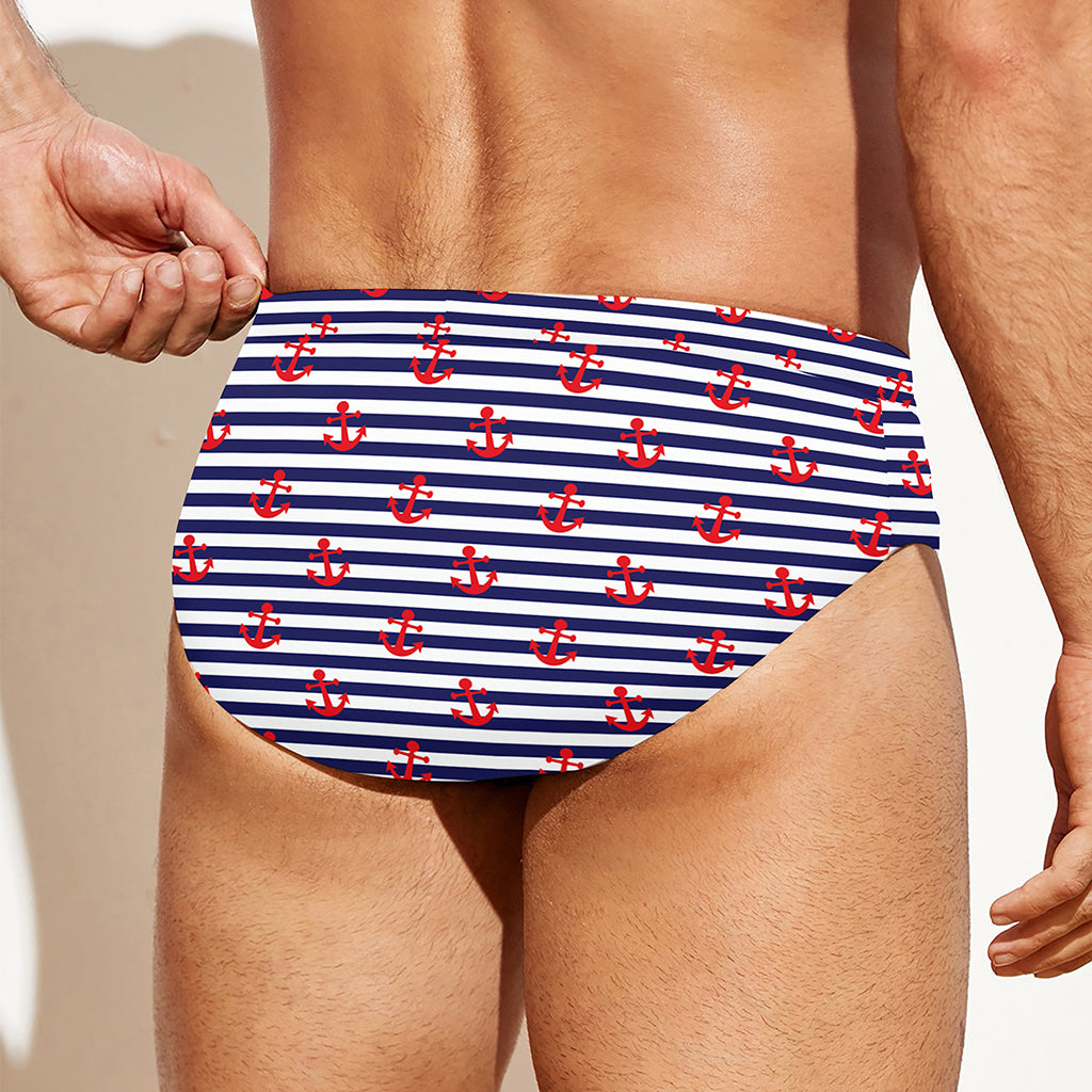 Blue Striped Nautical Anchor Print Men's Swim Briefs