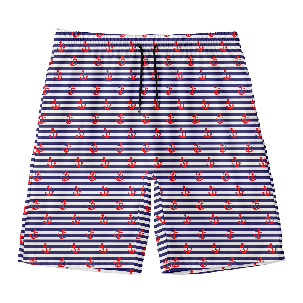 Blue Striped Nautical Anchor Print Men's Swim Trunks
