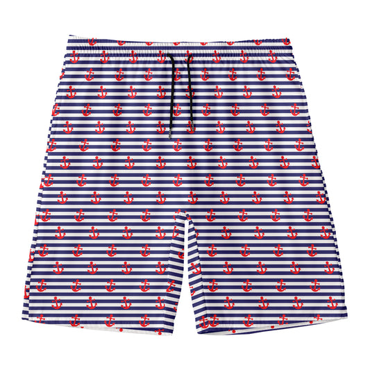 Blue Striped Nautical Anchor Print Men's Swim Trunks