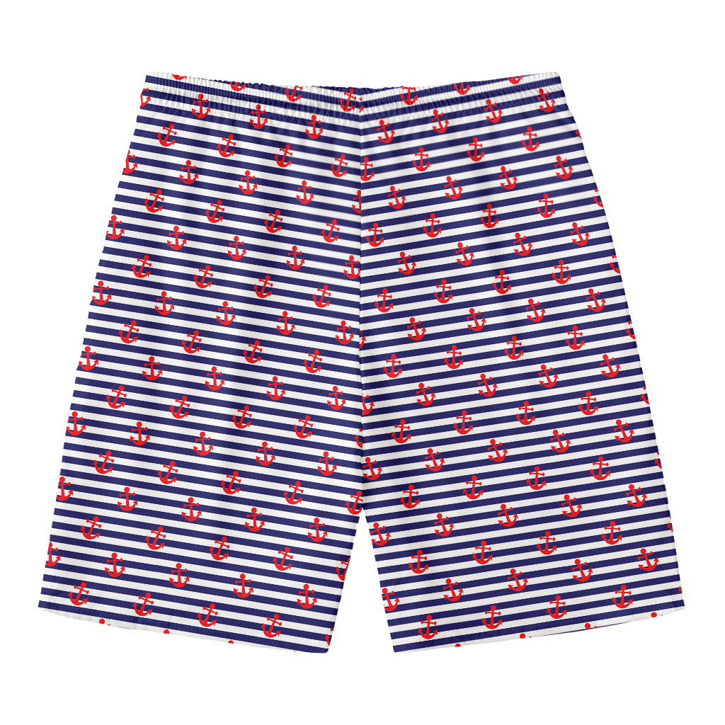 Blue Striped Nautical Anchor Print Men's Swim Trunks