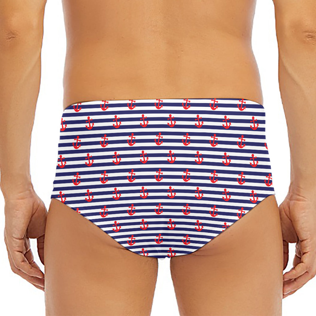 Blue Striped Nautical Anchor Print Men's Triangle Swim Briefs