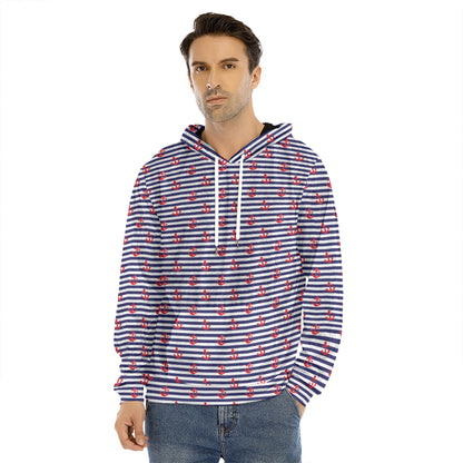 Blue Striped Nautical Anchor Print Men's Velvet Pullover Hoodie