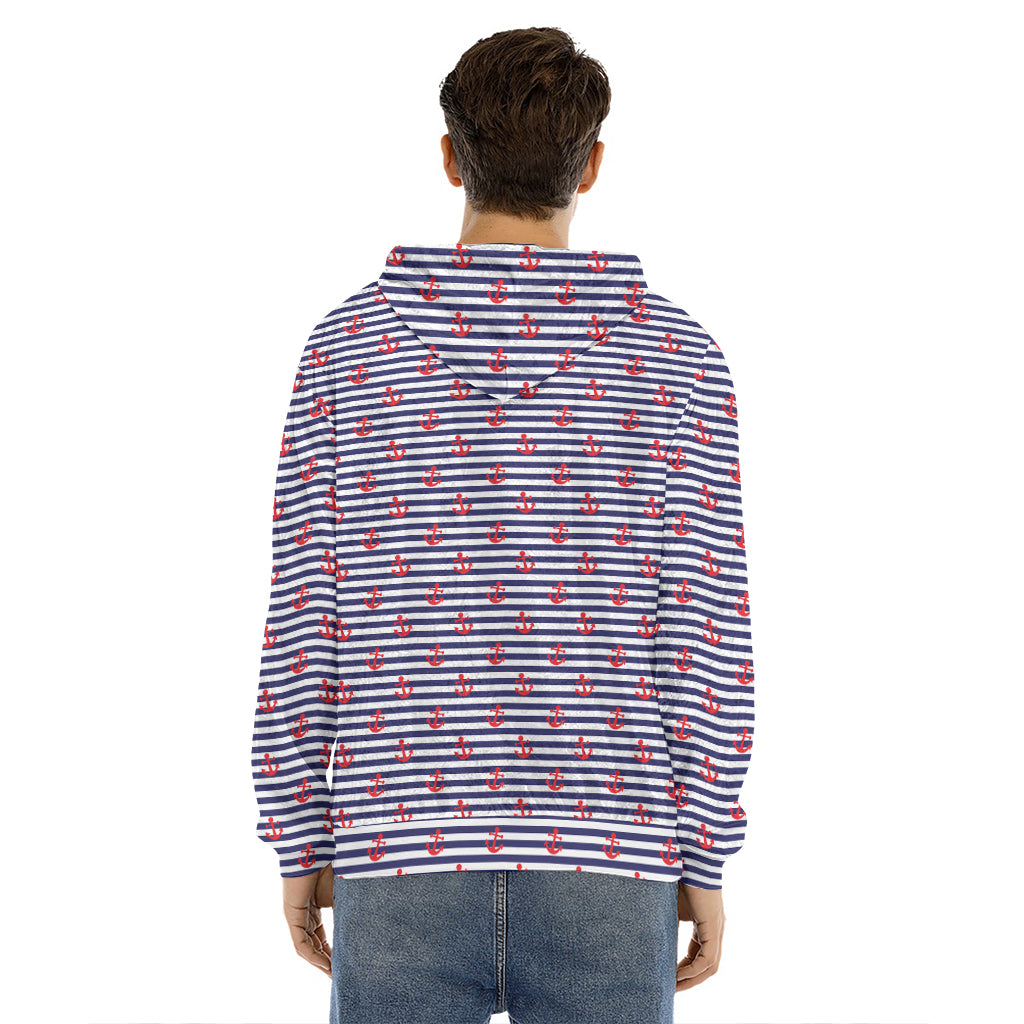 Blue Striped Nautical Anchor Print Men's Velvet Pullover Hoodie