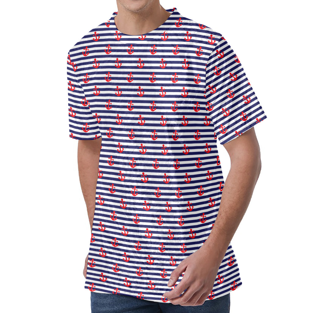 Blue Striped Nautical Anchor Print Men's Velvet T-Shirt