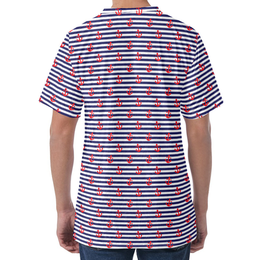 Blue Striped Nautical Anchor Print Men's Velvet T-Shirt