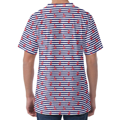 Blue Striped Nautical Anchor Print Men's Velvet T-Shirt