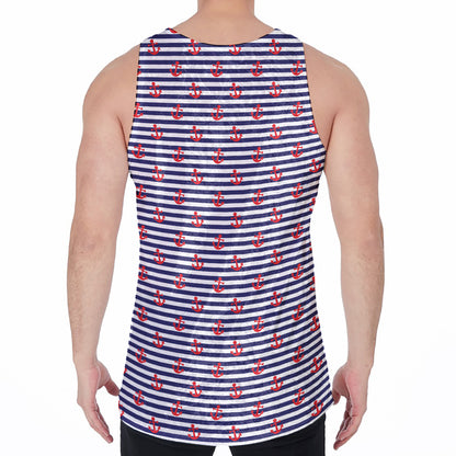 Blue Striped Nautical Anchor Print Men's Velvet Tank Top