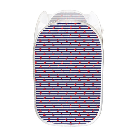 Blue Striped Nautical Anchor Print Mesh Laundry Hamper