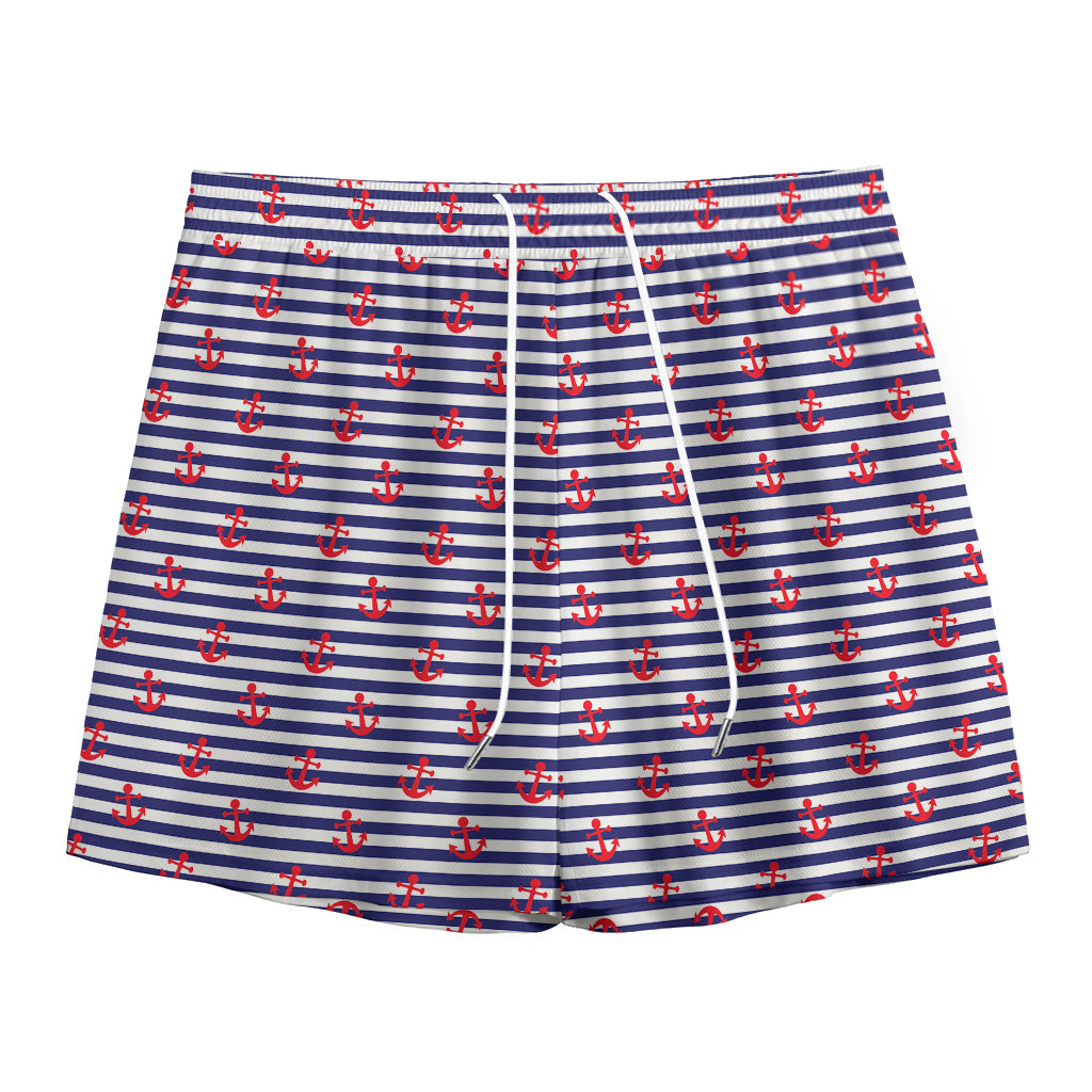 Blue Striped Nautical Anchor Print Mesh Shorts