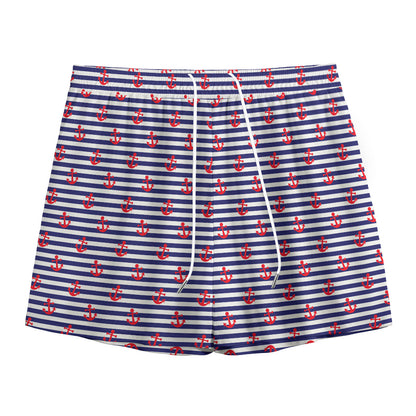 Blue Striped Nautical Anchor Print Mesh Shorts
