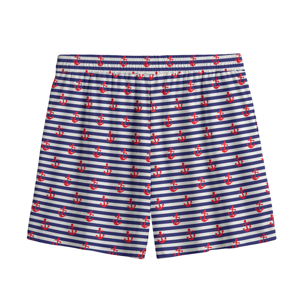 Blue Striped Nautical Anchor Print Mesh Shorts