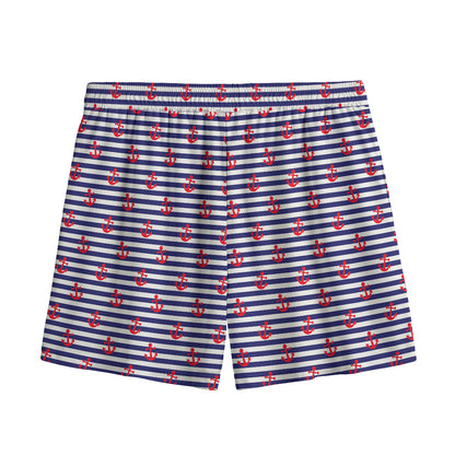 Blue Striped Nautical Anchor Print Mesh Shorts