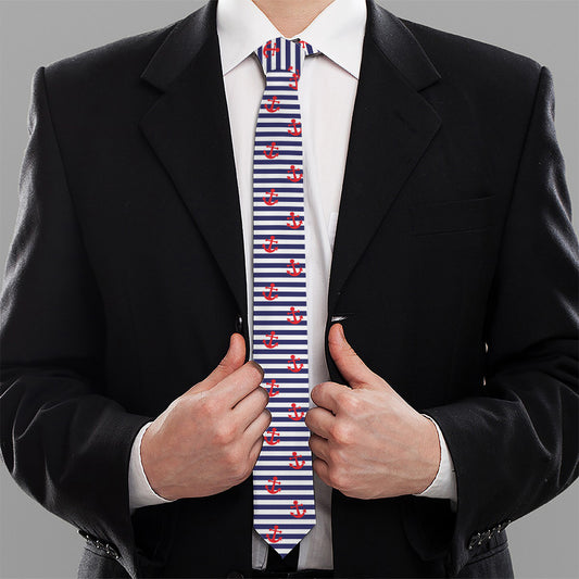 Blue Striped Nautical Anchor Print Necktie