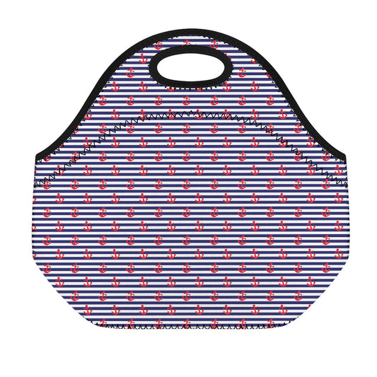 Blue Striped Nautical Anchor Print Neoprene Lunch Bag