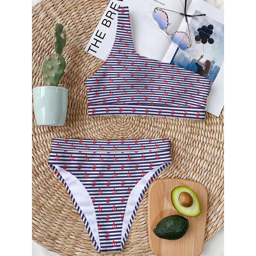 Blue Striped Nautical Anchor Print One Shoulder Bikini Top