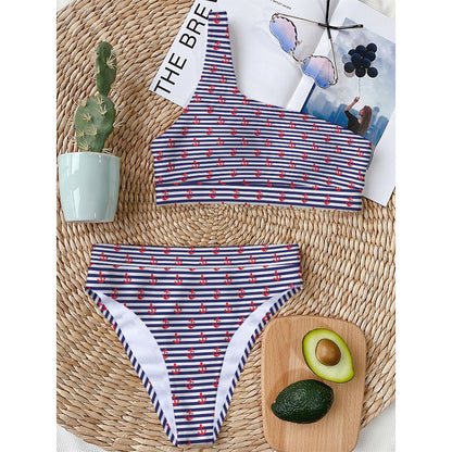 Blue Striped Nautical Anchor Print One Shoulder Bikini Top