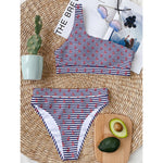 Blue Striped Nautical Anchor Print One Shoulder Bikini Top