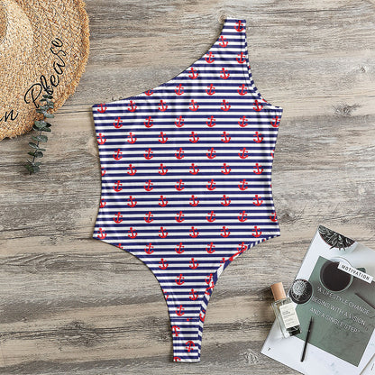 Blue Striped Nautical Anchor Print One Shoulder Bodysuit