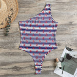 Blue Striped Nautical Anchor Print One Shoulder Bodysuit
