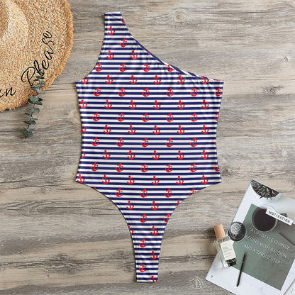 Blue Striped Nautical Anchor Print One Shoulder Bodysuit
