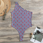 Blue Striped Nautical Anchor Print One Shoulder Bodysuit